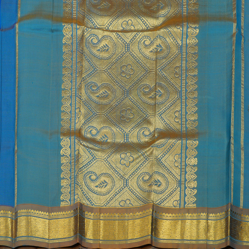 Hayagrivas Handloom Peacock Blue Kanjivaram Silk Saree with Golden Brown Border KBE755G14-1