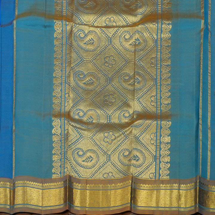 Hayagrivas Handloom Peacock Blue Kanjivaram Silk Saree with Golden Brown Border KBE755G14-1
