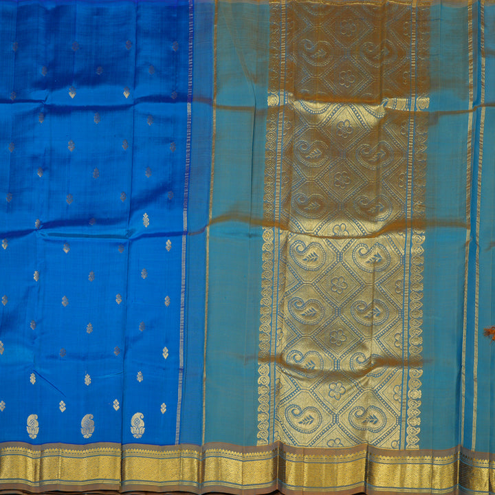 Hayagrivas Handloom Peacock Blue Kanjivaram Silk Saree with Golden Brown Border KBE755G14-1