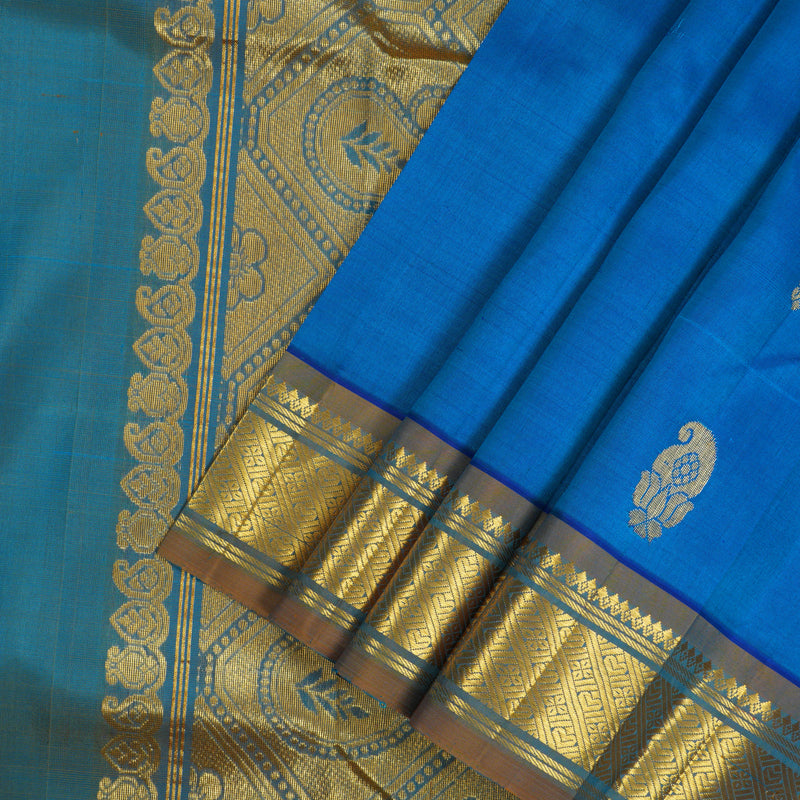 Hayagrivas Handloom Peacock Blue Kanjivaram Silk Saree with Golden Brown Border KBE755G14-1