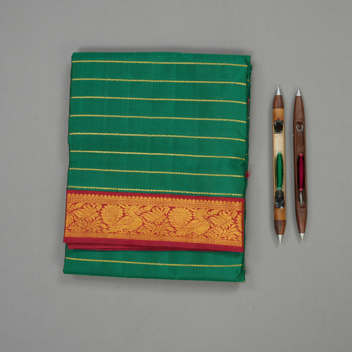 Hayagrivas Handloom Green Ten Yards Kanjivaram Silk Saree with Maroon Border KBE763G4-1