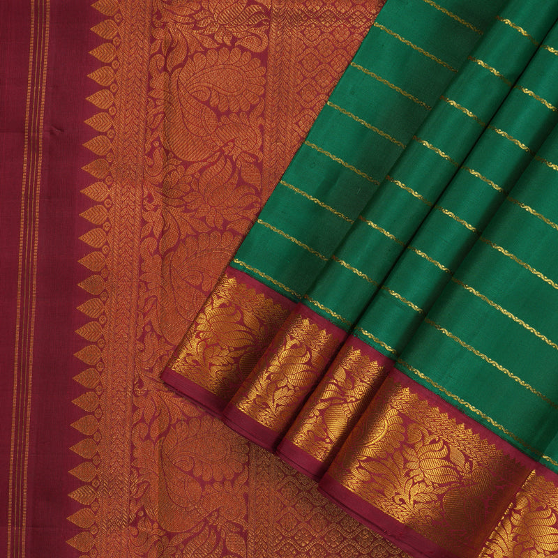 Hayagrivas Handloom Green Ten Yards Kanjivaram Silk Saree with Maroon Border KBE763G4-1