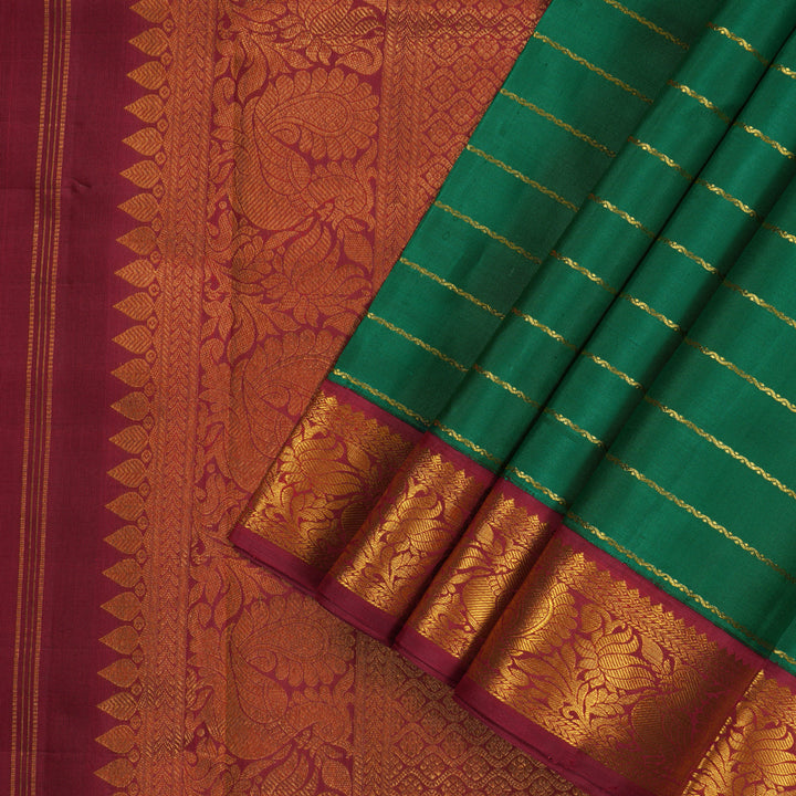 Hayagrivas Handloom Green Ten Yards Kanjivaram Silk Saree with Maroon Border KBE763G4-1