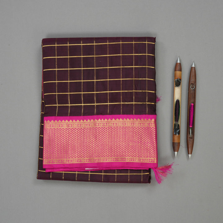 Hayagrivas Handloom Wine Purple Kanjivaram Nine Yards Silk Saree with Rani Pink KBE763G7-1