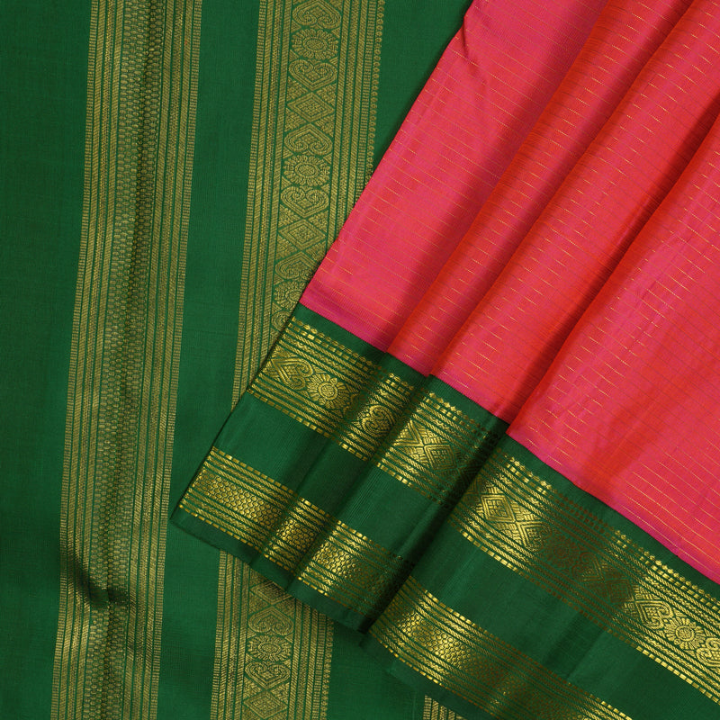 Hayagrivas Orangish Pink Pure Ten Yards Silk Madisar with Bottle Green border KBE770H14-1