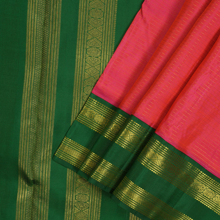 Hayagrivas Orangish Pink Pure Ten Yards Silk Madisar with Bottle Green border KBE770H14-1