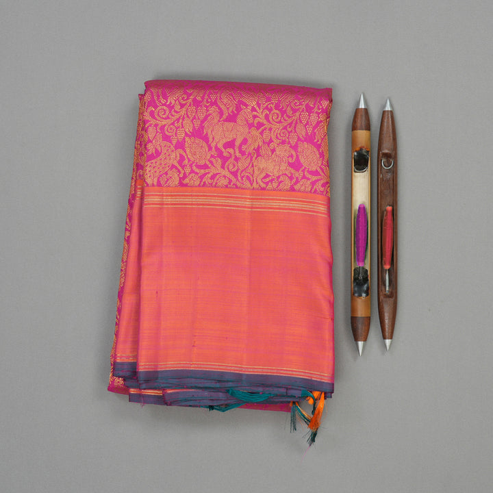 Hayagrivas Handloom Rani Pink Kanjivaram Silk Saree with Orangish-Pink Border KBE777H8-1