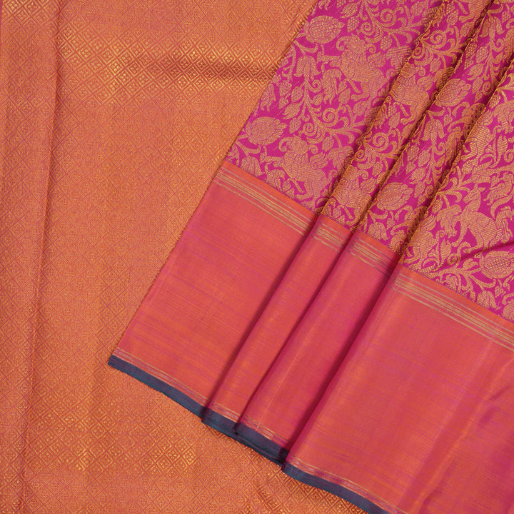 Hayagrivas Handloom Rani Pink Kanjivaram Silk Saree with Orangish-Pink Border KBE777H8-1