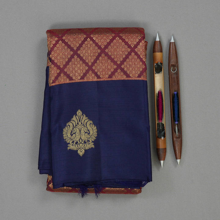Hayagrivas Handloom Araku Maroon Kanjivaram Silk Saree with Navy Blue Border KBE781H6-1