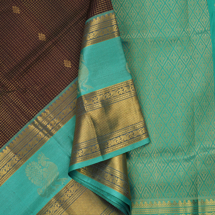 Hayagrivas Pure Silk Cotton Saree in Deep Brown with Sea Blue border KBE782H16-1