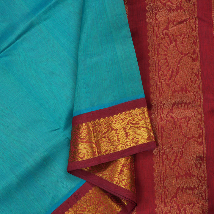 Hayagrivas Turquoise Blue Pure Silk Cotton Saree with Maroon border KBE783H1-13