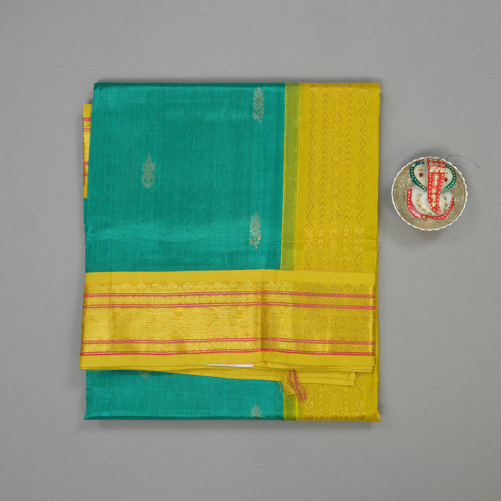 Hayagrivas Handloom Pure Sea Green Silk Cotton Saree with Lemon Yellow Border KBE783H2-51