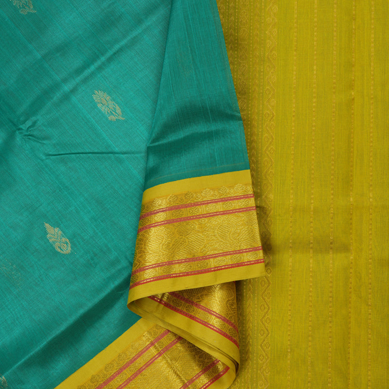 Hayagrivas Handloom Pure Sea Green Silk Cotton Saree with Lemon Yellow Border KBE783H2-51