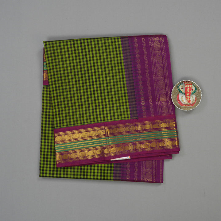 Hayagrivas Green & Black Checks Pure Silk Cotton Saree with Violet border KBE784H6-8