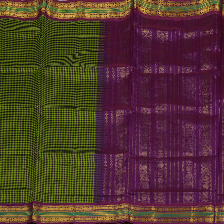 Hayagrivas Green & Black Checks Pure Silk Cotton Saree with Violet border KBE784H6-8