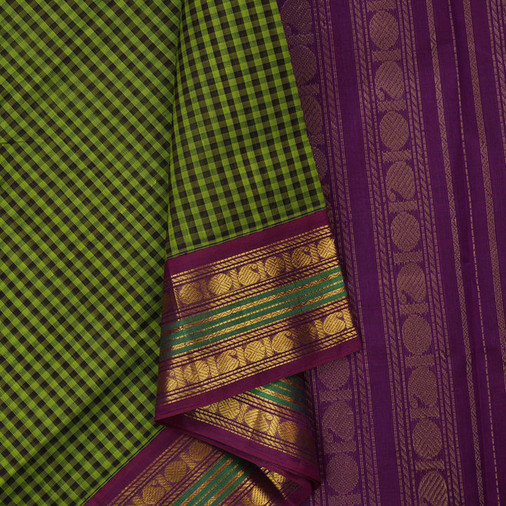 Hayagrivas Green & Black Checks Pure Silk Cotton Saree with Violet border KBE784H6-8