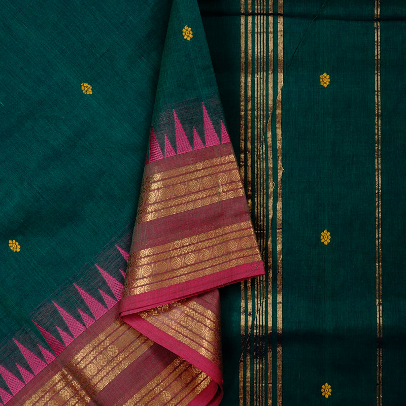 Hayagrivas Handloom Pure Cotton Saree in Rich-toned Peacock Green KBE78D5-14