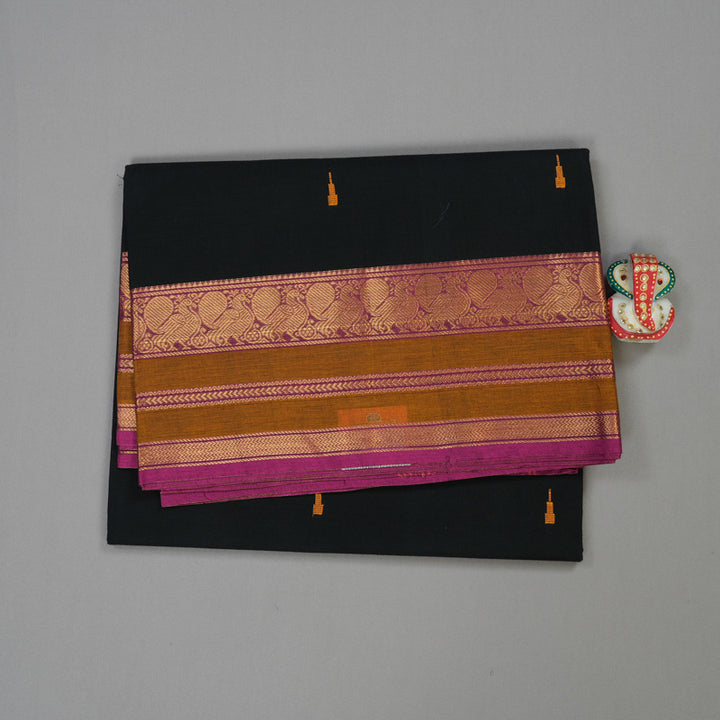 Hayagrivas Black Handloom Pure Cotton Saree with Purple Border KBE78D7-7