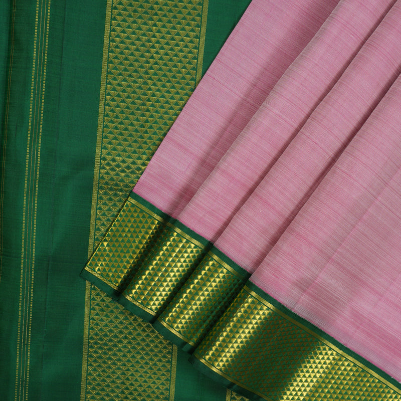 Hayagrivas Handloom Onion Pink Kanjivaram Ten Yards Silk Saree with Bottle Green Border KBE791H2-1