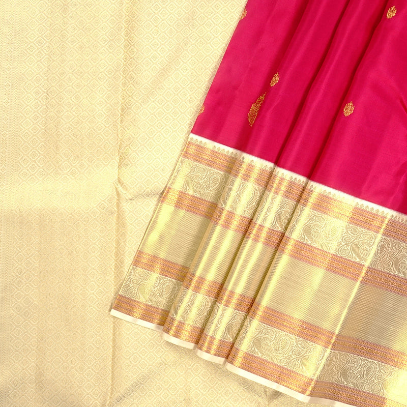 Hayagrivas Handloom Kanjivaram Silk Saree in Rani Pink with Ivory contrast Blouse & Pallu KBE792H10-1