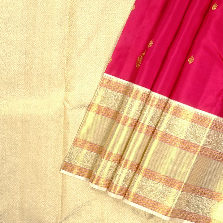 Hayagrivas Handloom Kanjivaram Silk Saree in Rani Pink with Ivory contrast Blouse & Pallu KBE792H10-1