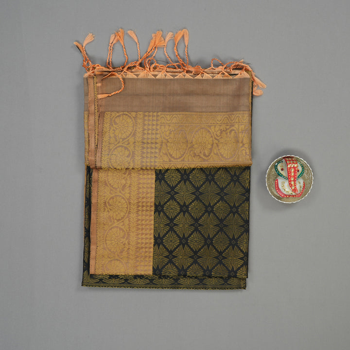 Hayagrivas Handloom Black Soft Silk Saree with Peach Border KBE794H3-1