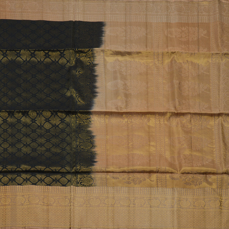 Hayagrivas Handloom Black Soft Silk Saree with Peach Border KBE794H3-1
