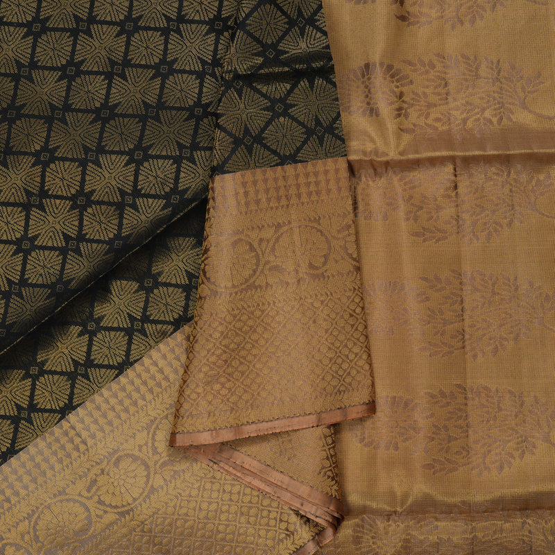 Hayagrivas Handloom Black Soft Silk Saree with Peach Border KBE794H3-1