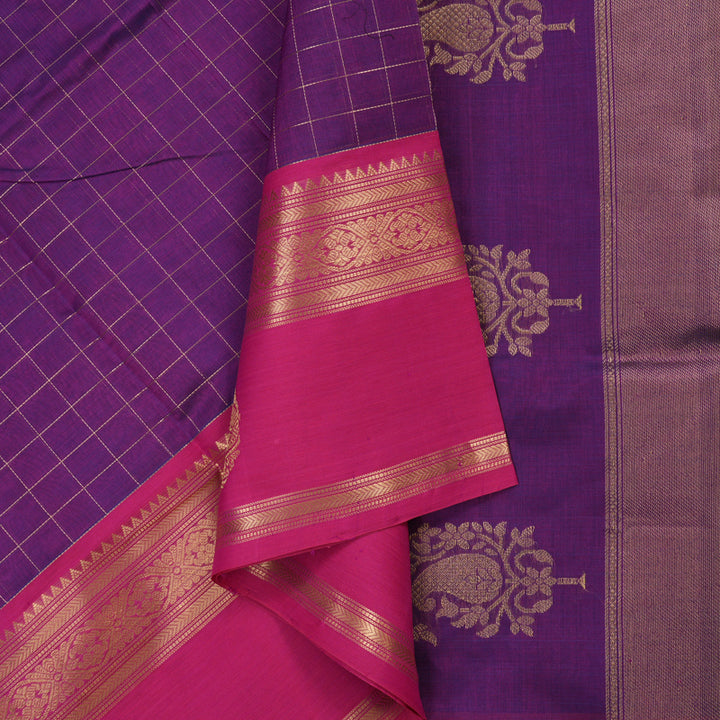 Hayagrivas Pure Silk Cotton Saree in Royal Purple with Jari Checks KBE805H9-7