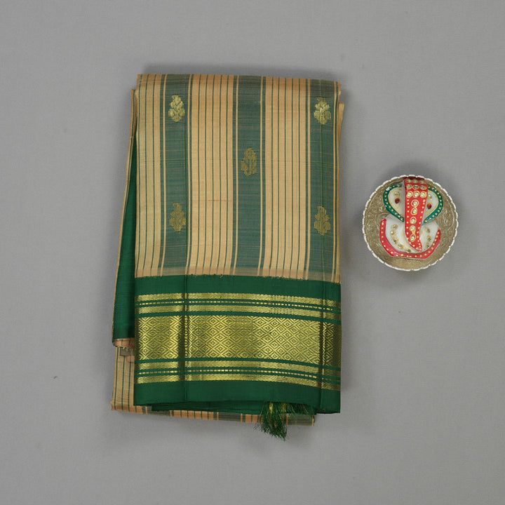 Hayagrivas Handloom Beige & Bottle Green Kanjivaram Silk Saree with Bottle Green Border KBE807H2-2