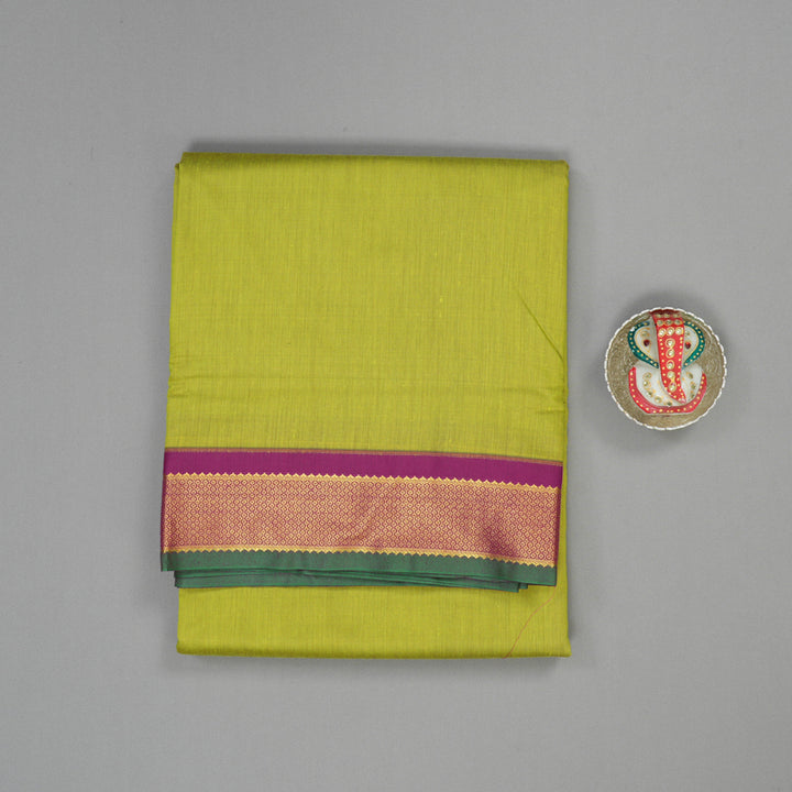 Hayagrivas Handloom Fluorescent Green Kanjivaram Ten Yards Semi-Silk Saree with Wine Purple Border KBE817H10-3