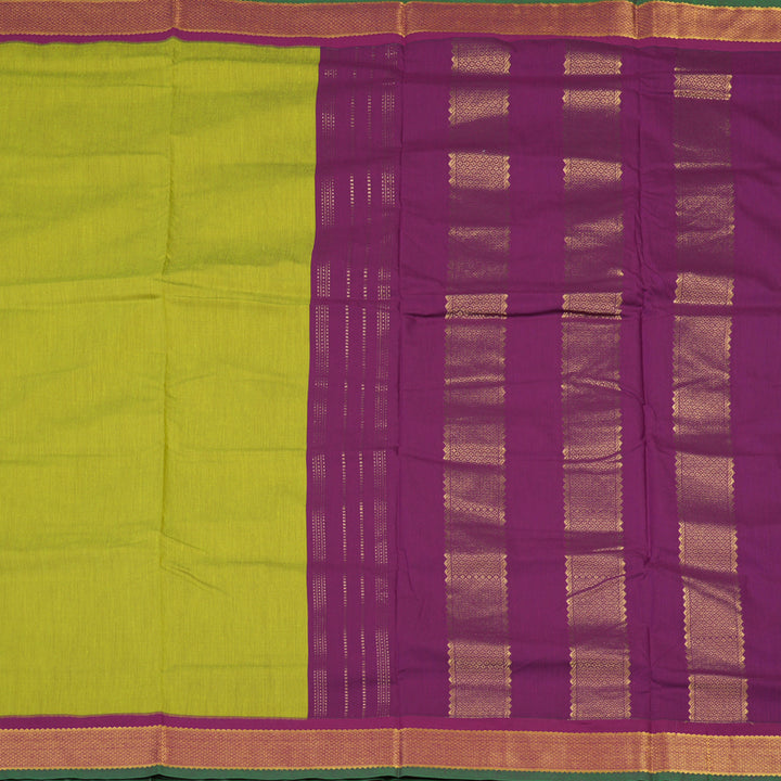 Hayagrivas Handloom Fluorescent Green Kanjivaram Ten Yards Semi-Silk Saree with Wine Purple Border KBE817H10-3