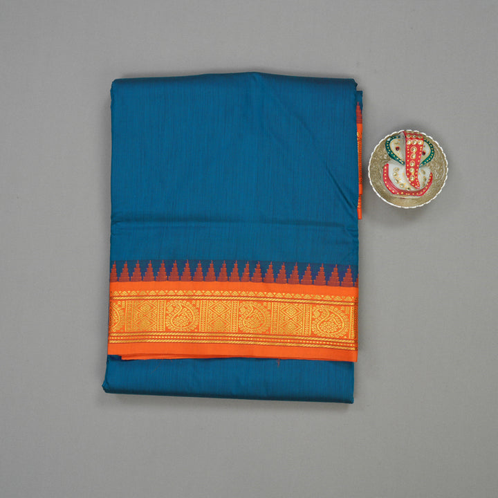Hayagrivas Ten Yards Semi Silk Saree in attractive Peacock Blue with Contrast Orange border KBE817H17-1
