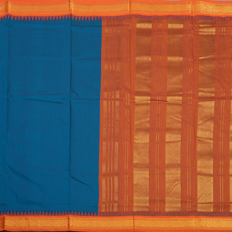 Hayagrivas Ten Yards Semi Silk Saree in attractive Peacock Blue with Contrast Orange border KBE817H17-1