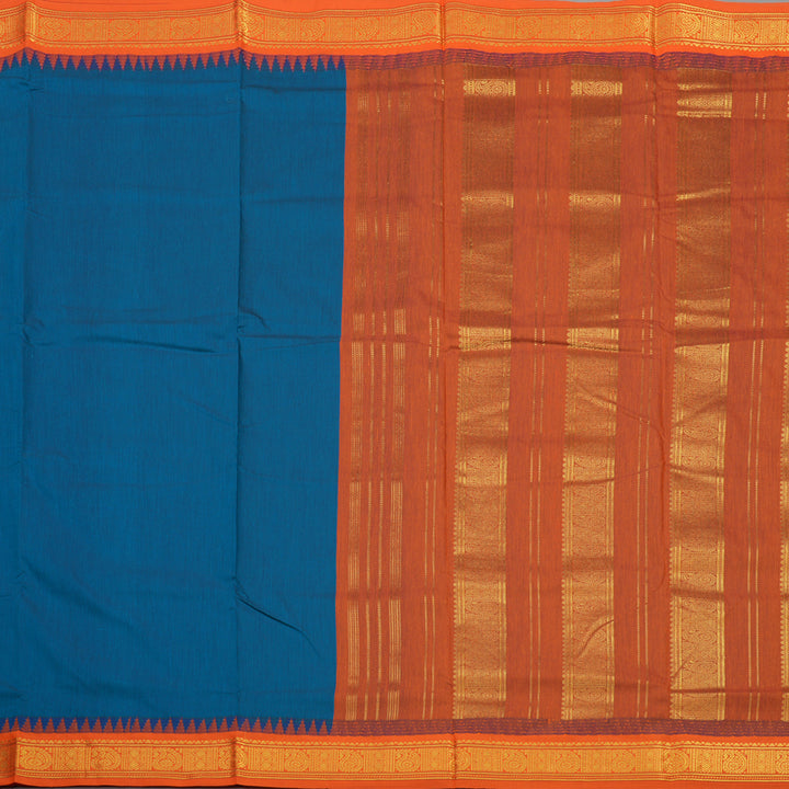 Hayagrivas Ten Yards Semi Silk Saree in attractive Peacock Blue with Contrast Orange border KBE817H17-1