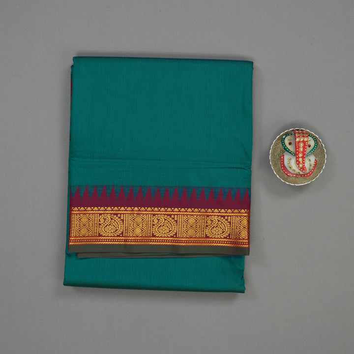 Hayagrivas Peacock Green Kanjivaram Ten Yards Semi-Silk Saree with Maroon Border KBE817H17-2
