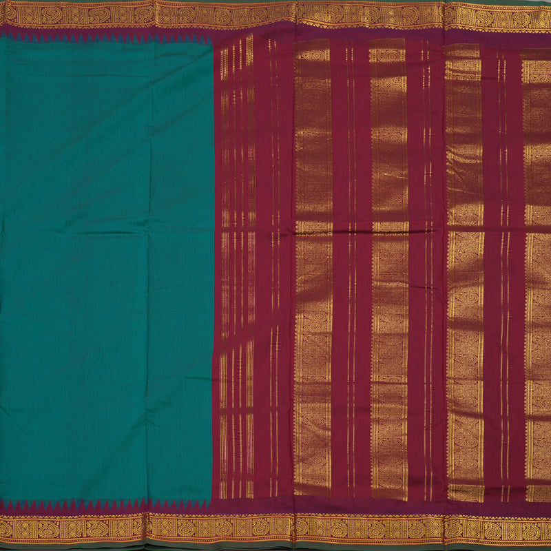 Hayagrivas Peacock Green Kanjivaram Ten Yards Semi-Silk Saree with Maroon Border KBE817H17-2