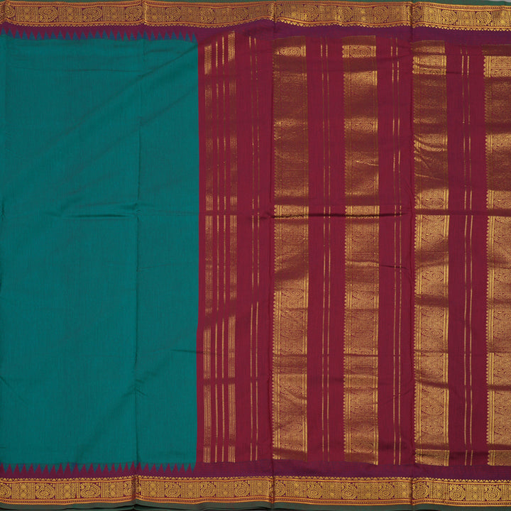 Hayagrivas Peacock Green Kanjivaram Ten Yards Semi-Silk Saree with Maroon Border KBE817H17-2