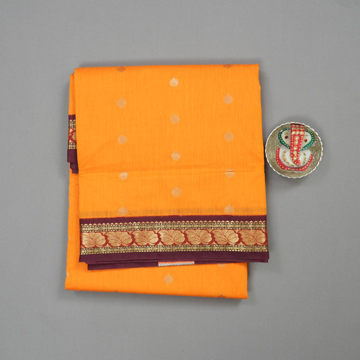 Hayagrivas Ten Yards Semi Silk Saree in vibrant Mango Yellow with Maroon contrast KBE817H19-1