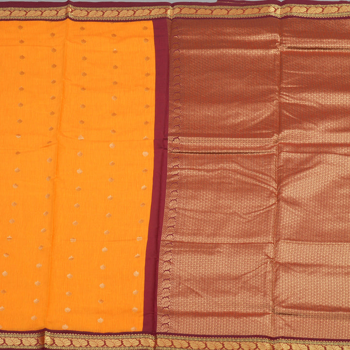 Hayagrivas Ten Yards Semi Silk Saree in vibrant Mango Yellow with Maroon contrast KBE817H19-1