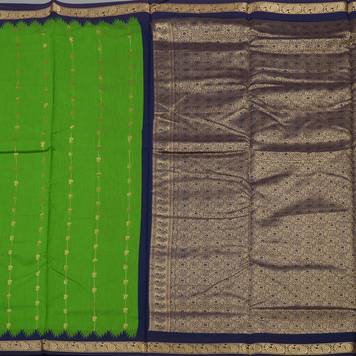 Hayagrivas Parrot Green Semi-Silk Ten Yards Saree with Midnight Blue Border KBE817H21-4