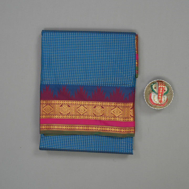 Hayagrivas Peacock Blue Kanjivaram Ten Yards Semi-Silk Saree with Kum Kum Maroon Border KBE817H31-1