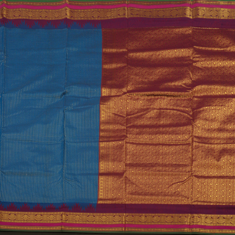 Hayagrivas Peacock Blue Kanjivaram Ten Yards Semi-Silk Saree with Kum Kum Maroon Border KBE817H31-1
