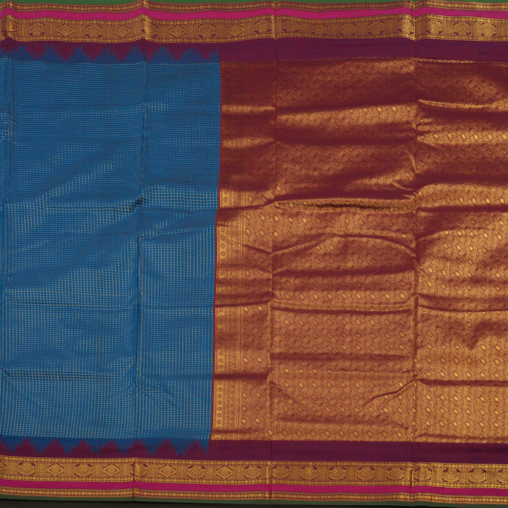 Hayagrivas Peacock Blue Kanjivaram Ten Yards Semi-Silk Saree with Kum Kum Maroon Border KBE817H31-1