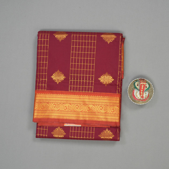 Hayagrivas Maroon Semi-Silk Ten Yards Saree with Orange Border KBE817H34-2