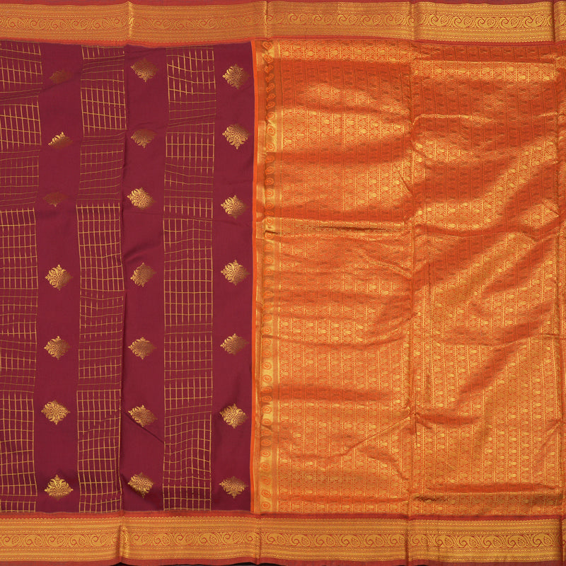 Hayagrivas Maroon Semi-Silk Ten Yards Saree with Orange Border KBE817H34-2