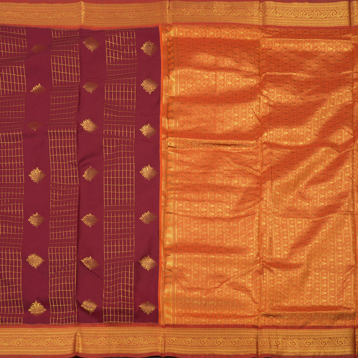 Hayagrivas Maroon Semi-Silk Ten Yards Saree with Orange Border KBE817H34-2