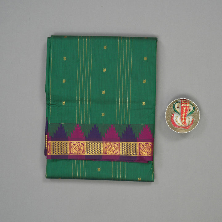 Hayagrivas Dark Green Semi-Silk Ten Yards Saree with Temple Border KBE817H36-3