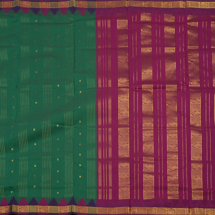 Hayagrivas Dark Green Semi-Silk Ten Yards Saree with Temple Border KBE817H36-3