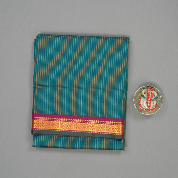 Hayagrivas Peacock Green Semi-Silk Ten Yards Saree with Deep Pink Border KBE817H5-1